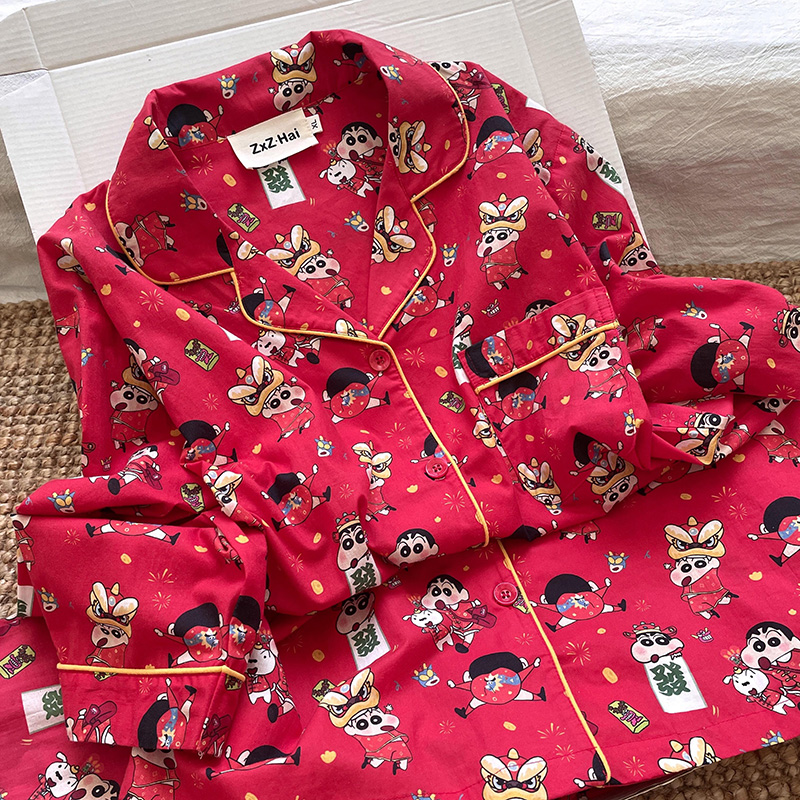 侘町2025新款蜡笔小新新年红纯棉长袖睡衣女春秋季卡通家居服套装