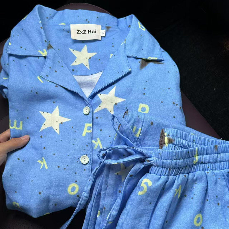 侘町2024年新款喷墨星星纯棉长袖睡衣女春秋季可外穿家居服秋款