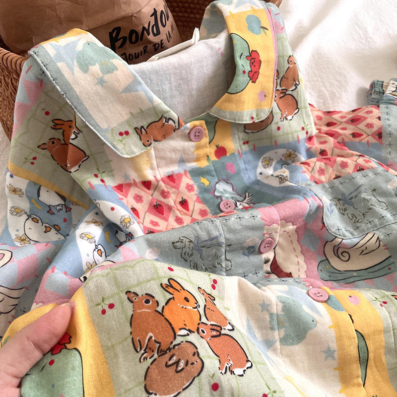 侘町2025年新款故事格子纯棉短袖三件套睡衣女夏季卡通家居服套装