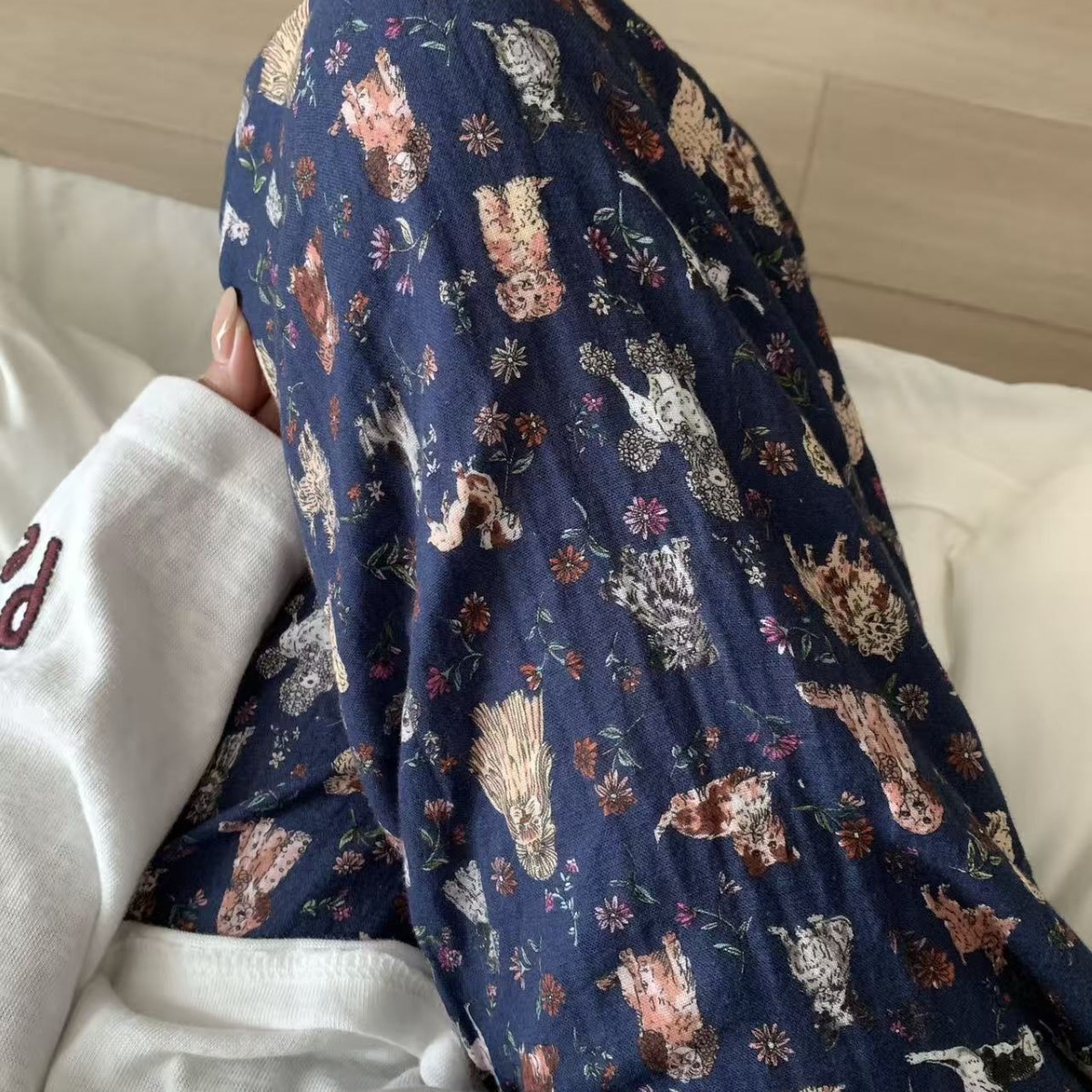 侘町2025新款秋季藏青狗狗卡通全棉双层纱布睡裤可外穿居家遛弯裤