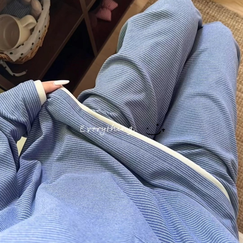 侘町德绒睡衣女款2025新款秋冬保暖可外穿深蓝条纹简约套装家居服