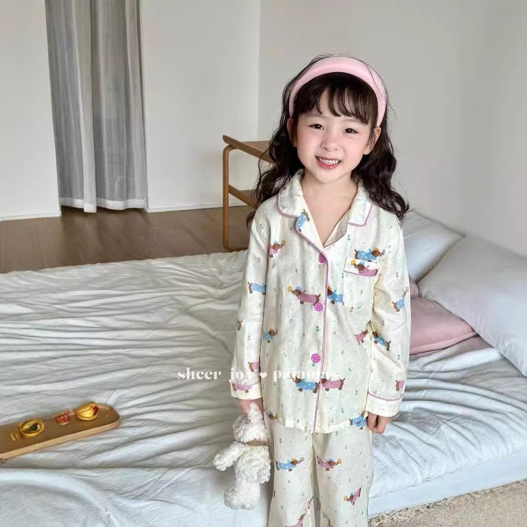 侘町2025新款双层纱嵌条款亲子长袖长裤家居服女孩套装花花小狗