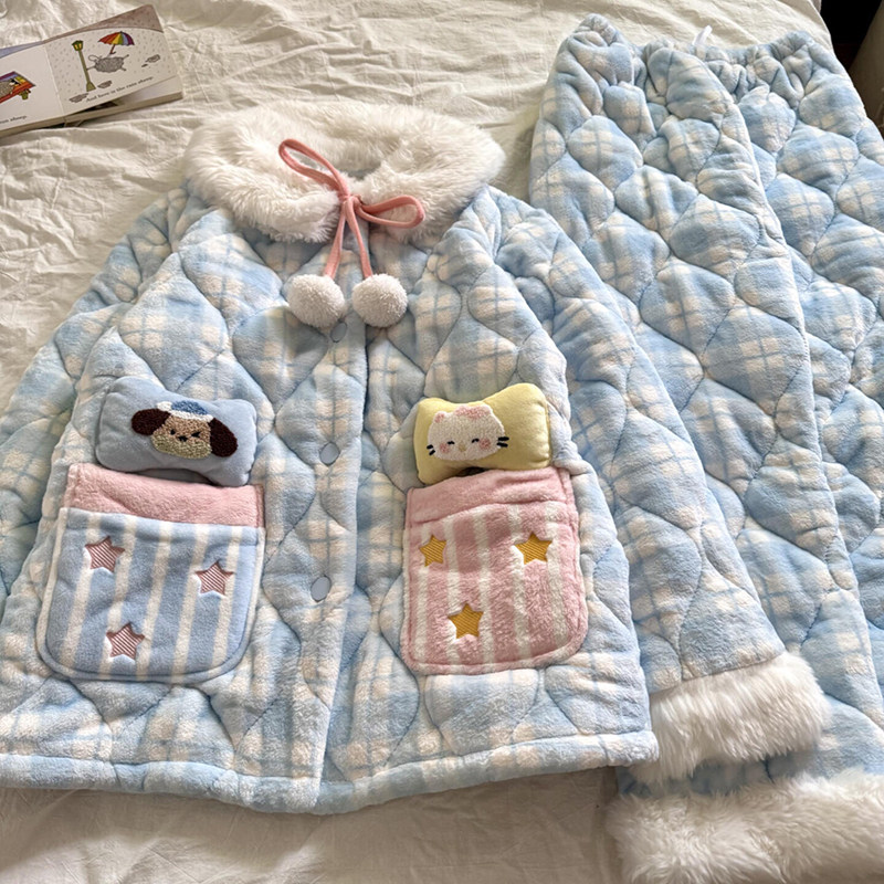 侘町2025年新款蓝格星星被三层夹棉卡通女冬季睡衣加绒加厚家居服