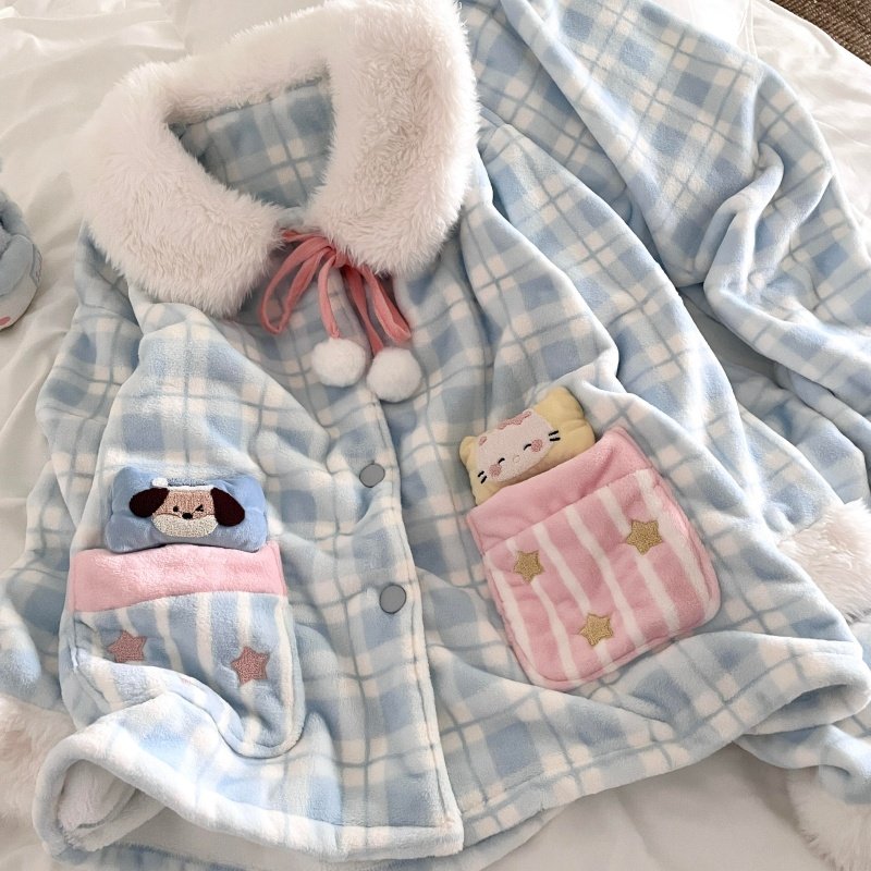 侘町睡衣女款2025家居服新款蓝格星星被法兰绒秋冬可外穿加厚套装