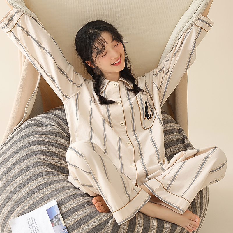 秋冬纯棉条纹撞色睡衣柔软亲肤长袖长裤磨毛情侣家居服保暖可外穿