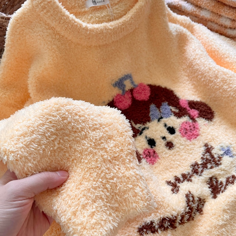 侘町睡衣女2025新款秋冬半边绒长袖加绒樱桃黄色格子家居服套装