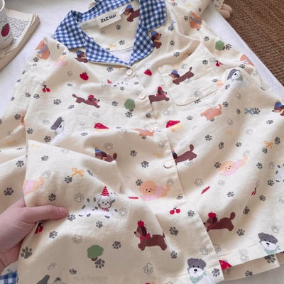 侘町睡衣女款2025新款春秋纯棉长袖复古蓝格狗狗party卡通家居服