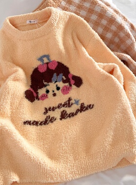 侘町樱桃黄色格子2025年新款冬季半边绒长袖睡衣女加绒家居服套装