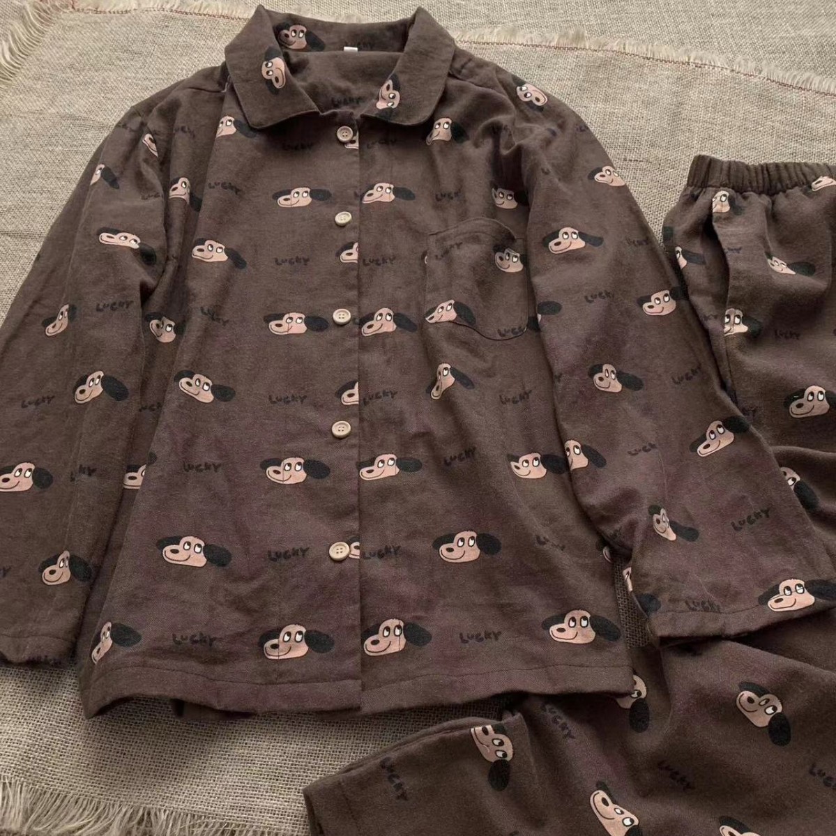 侘町2025新款咖啡狗狗秋冬磨毛居家睡衣卡通印花少女心家居服套装