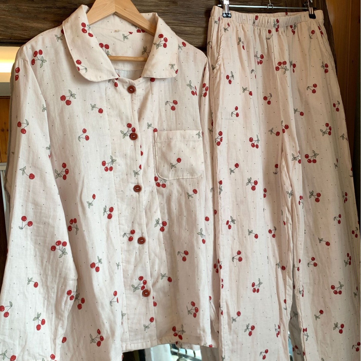 侘町2025年新款纱布双层睡衣纯棉长袖睡衣波点可外翻领樱桃春秋款