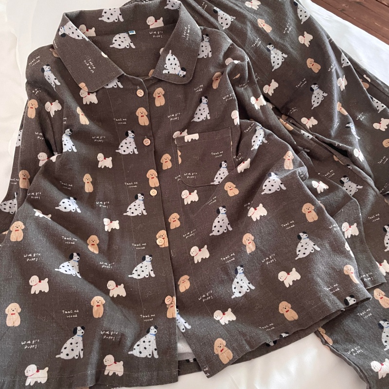 侘町黑灰小狗2025秋冬新款睡衣女款休闲纯棉可外穿套装卡通家居服