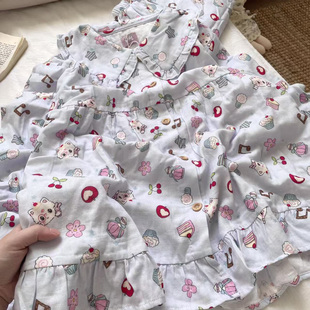 侘町2025新款纯棉全棉长袖长裤双层纱娃娃领卡通韩系可爱睡衣套装