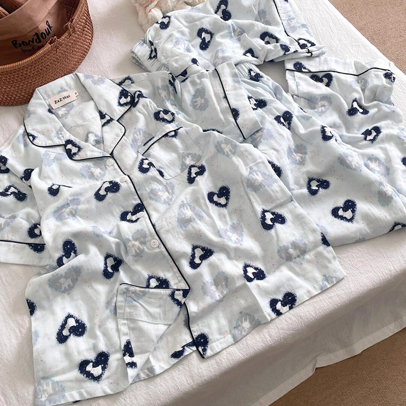 侘町2025年新款碎花爱心小羊纯棉短袖三件套睡衣女夏季卡通家居服
