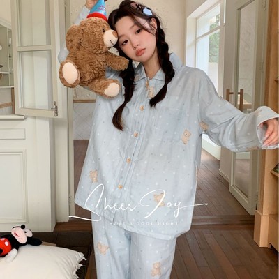 侘町2025新款翻领女家居服休闲睡衣韩风ins长袖长裤星斗熊蓝套装