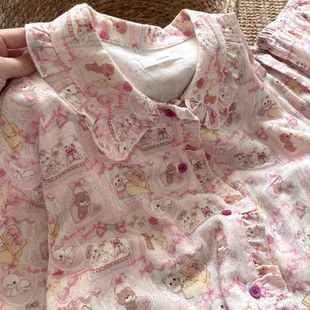 侘町2025新款粉色礼物熊纯棉双层纱布花边领睡衣女长袖家居服套装