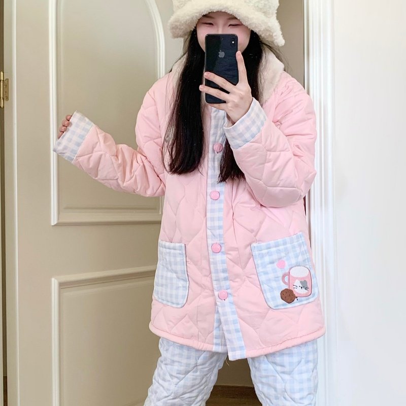 侘町睡衣女2025冬季新款卡通咖啡猫咪套装三层夹棉保暖开衫家居服