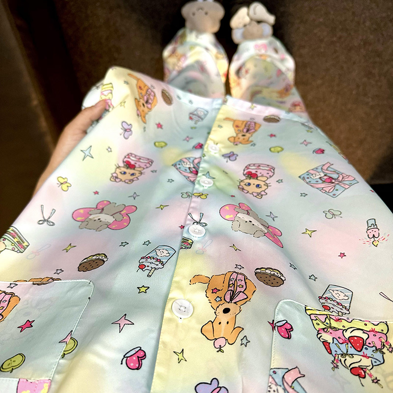 侘町2025年新款涂鸦甜品乐园冰丝短袖长裤睡衣夏天卡通家居服夏款