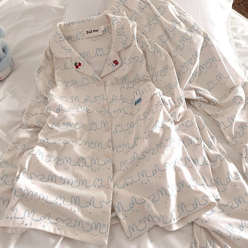 侘町睡衣女款2025新款秋冬德绒加厚淡蓝表情米菲长袖可外穿家居服