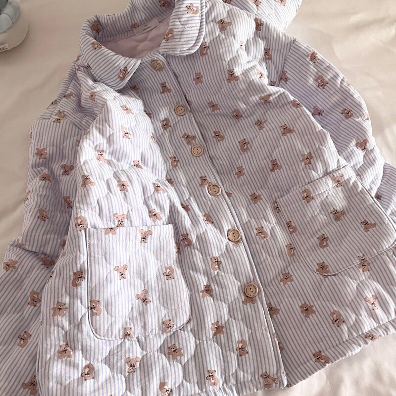 侘町条纹小熊2025新款冬季睡衣女菱格夹棉加厚开衫翻领家居服套装,女士内衣/男士内衣/家居服,睡衣/家居服套装,淘宝优惠券,粉丝福利购,淘宝优惠卷