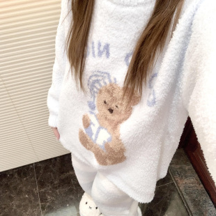 侘町2025新款 睡帽晚安小熊半边绒睡衣女加厚可外穿秋冬家居服套装