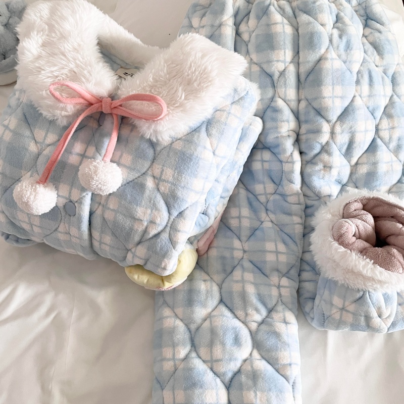 侘町冬季2025年家居服新款睡衣女蓝格星星被卡通三层夹棉加厚套装