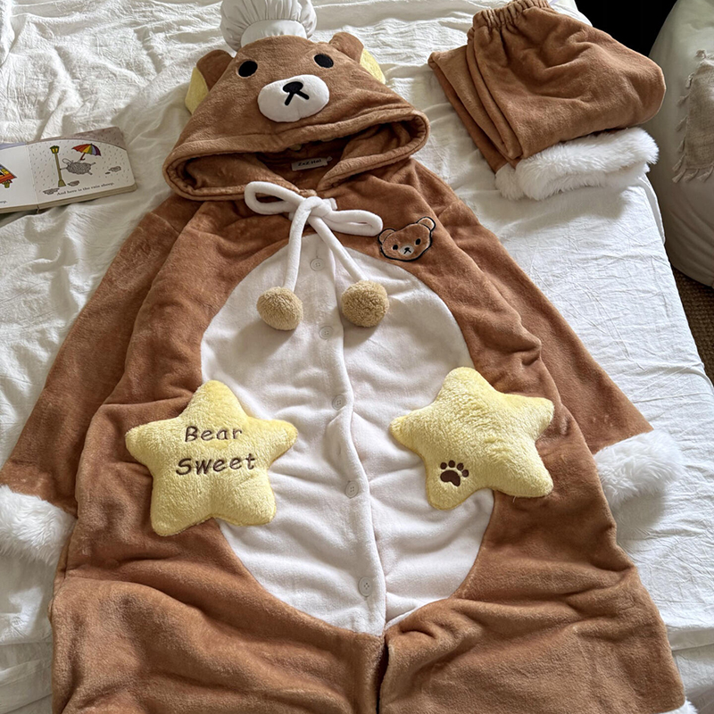 侘町2025新款睡衣厨师轻松熊加厚法兰绒睡袍女冬季卡通保暖家居服