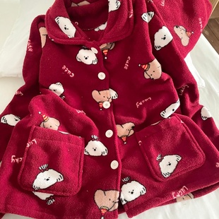 侘町红底礼貌狗秋冬季2025新款雪粒绒加厚翻领女睡衣保暖家居服