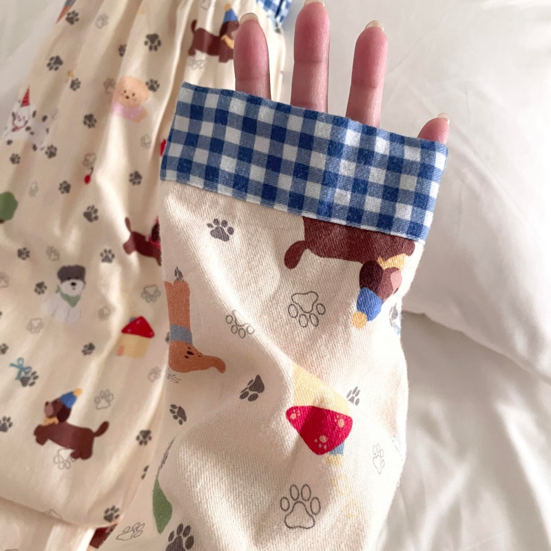 侘町秋冬2025新款纯棉开衫复古蓝格狗狗party睡衣套装女款家居服