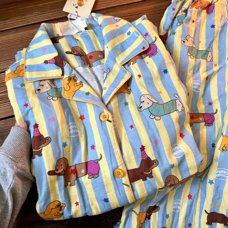 侘町2025年新款腊肠狗狗纯棉长袖睡衣女可外穿春条纹家居服秋款