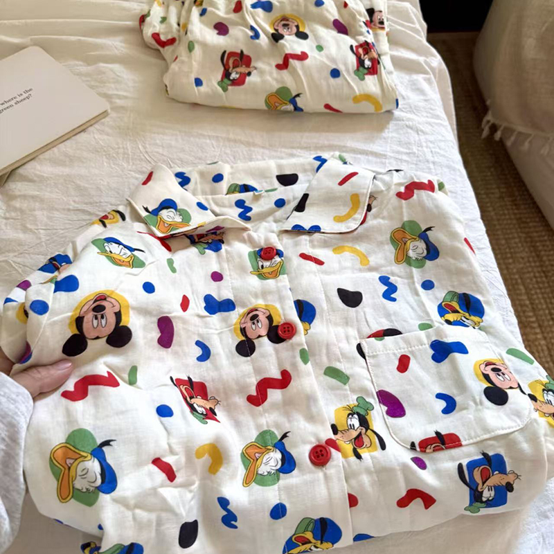 侘町2025新款白底米奇秋冬季纯棉睡衣套装女长袖开衫可外穿家居服