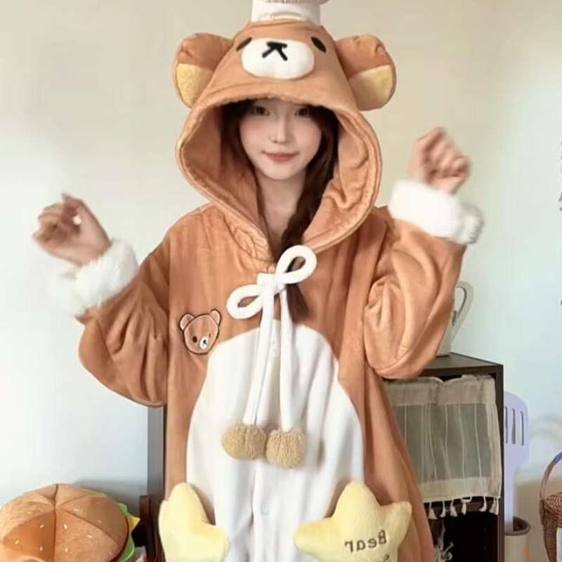 侘町睡袍女2025冬季新款厨师轻松熊卡通保暖加厚法兰绒套装家居服