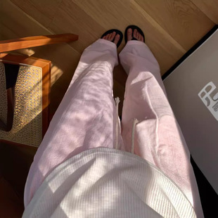 居家同款裤子宽松直筒腰粉色抽绳亚麻网红松紧阔长裤条纹休闲慵懒