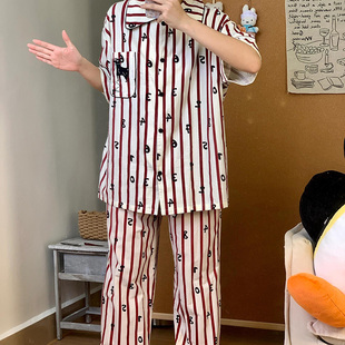 数字狗红白条纹短袖 休闲套装 侘町2025年新款 睡衣女款 家居服夏季 款