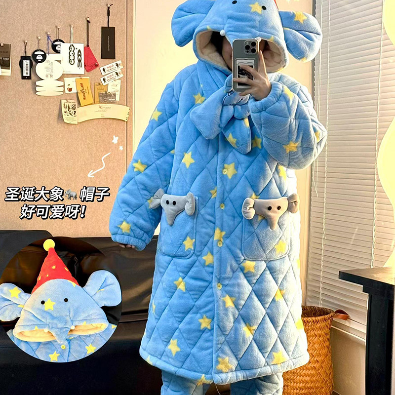 侘町2024新款笨笨大象睡袍女秋冬加绒加厚三层夹棉家居服睡衣冬季