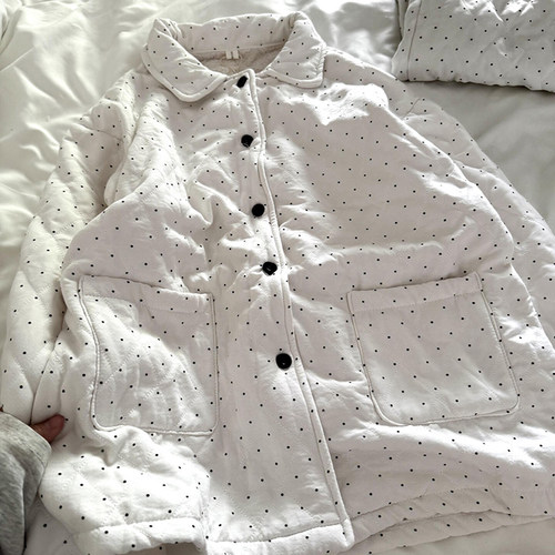 侘町2025新款冬季睡衣女空气夹棉保暖卡通休闲杏色波点家居服套装