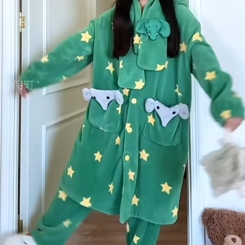 侘町2025新款圣诞绿笨笨大象睡袍女法兰绒保暖卡通冬季家居服套装