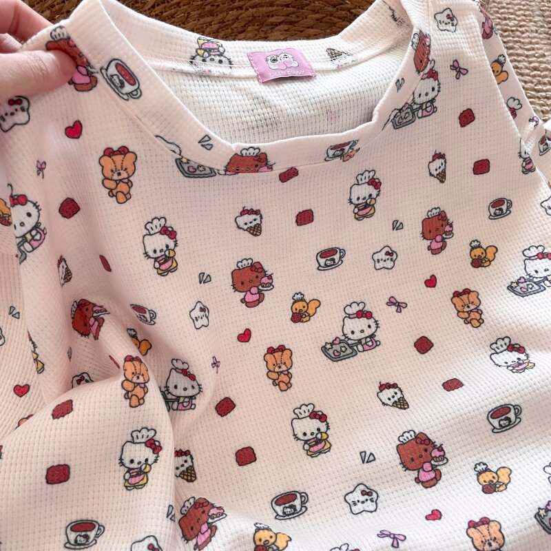 侘町睡衣女款2025春秋新款卡通猫咪华夫格针织2色套头打底衫套装