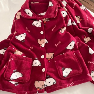 侘町红底礼貌狗2025年新款秋冬季雪粒绒加厚翻领长袖女睡衣可外穿