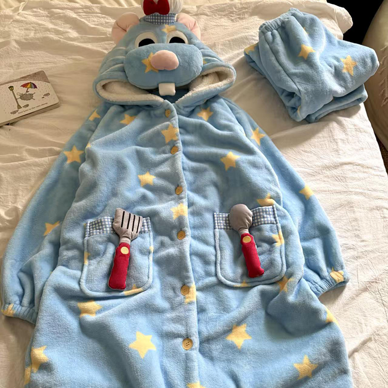 侘町2025新款星星厨师鼠睡袍长裤睡衣女法兰绒冬季加绒加厚家居服