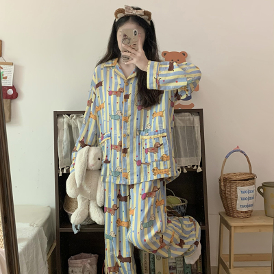 侘町2025年新款腊肠狗狗纯棉长袖睡衣女春秋条纹家居服可外穿套装