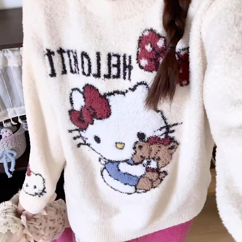 侘町2025新款蝴蝶结Kitty半边绒睡衣保暖加绒加厚冬季家居服套装
