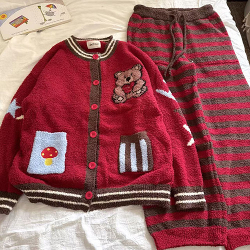 侘町2025年新款星星毛绒熊开衫秋冬软绵绵睡衣女半边绒加厚家居服