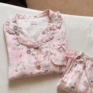 侘町2025新款 睡衣女夏天卡通纯棉家居服 粉色小羊花园纯棉短袖 短裤
