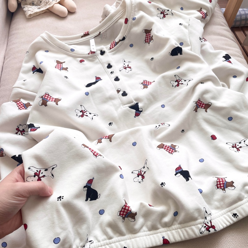 侘町睡衣女款2025新款爪印狗狗派对秋冬棉质圆领套装可外穿家居服