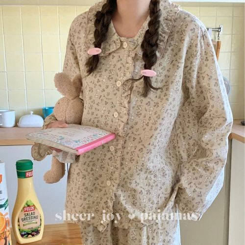 侘町2025ins新款睡裙纯棉双层纱田园风家居服茉莉清茶积木小熊咖