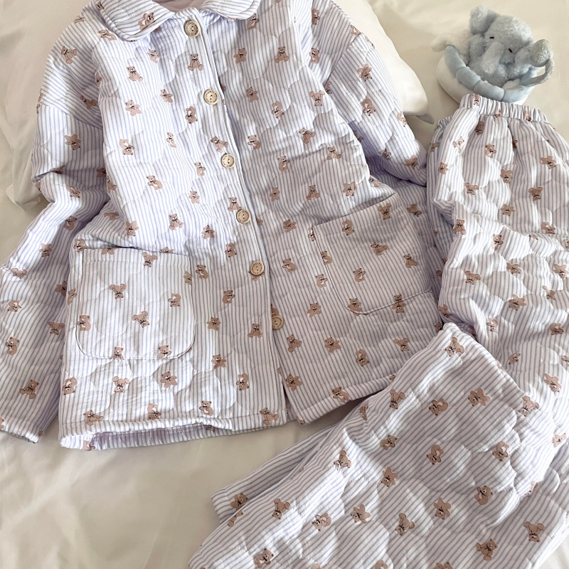 侘町冬季2025新款休闲睡衣女菱格夹棉保暖套装卡通条纹小熊家居服