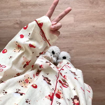 侘町2025年春秋新款圣诞厨师小熊纯棉长袖睡衣少女卡通家居服套装