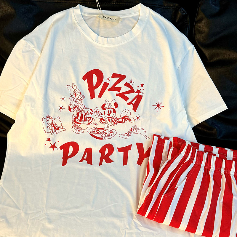 侘町2025年新款披萨米奇短袖长裤睡衣女夏天季条纹家居服套装夏款,女士内衣/男士内衣/家居服,睡衣/家居服套装,淘宝优惠券,粉丝福利购,淘宝优惠卷