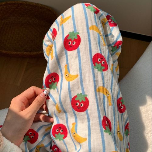 宽松可爱纱布裤休闲家居～睡裤双层西红柿香蕉慵懒全棉长裤2025