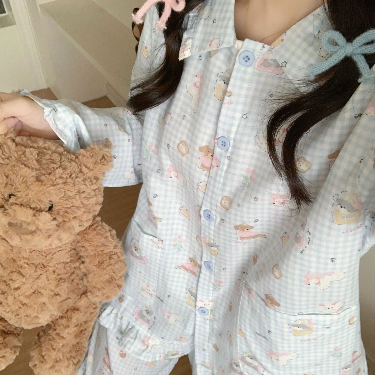 侘町2025新款少女甜美爱心风长袖睡衣女春秋季纯纱条纹卡通家居服